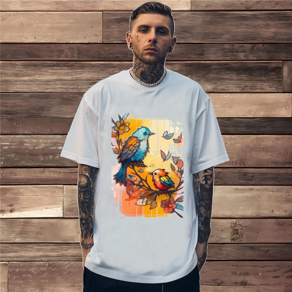 T Shirts Men 100% Cotton 230g bird Street Casual O-Neck Short Sleeve Custom Big Size Tshirts Classic Cool Design Clothings