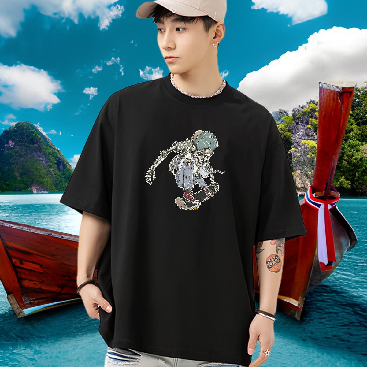 DIY Customized Men T Shirts skull Clothings 230g Pure Cotton Daily Outfit Loose White Plus Size Breathable Tshirts