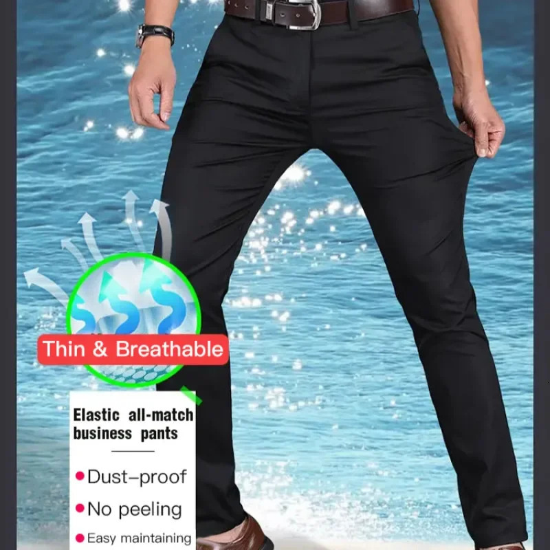 Mens Business Casual Long Pants Comfortable Stylish Ice Silk Thin Trousers Suit High Waist Breathable 240806
