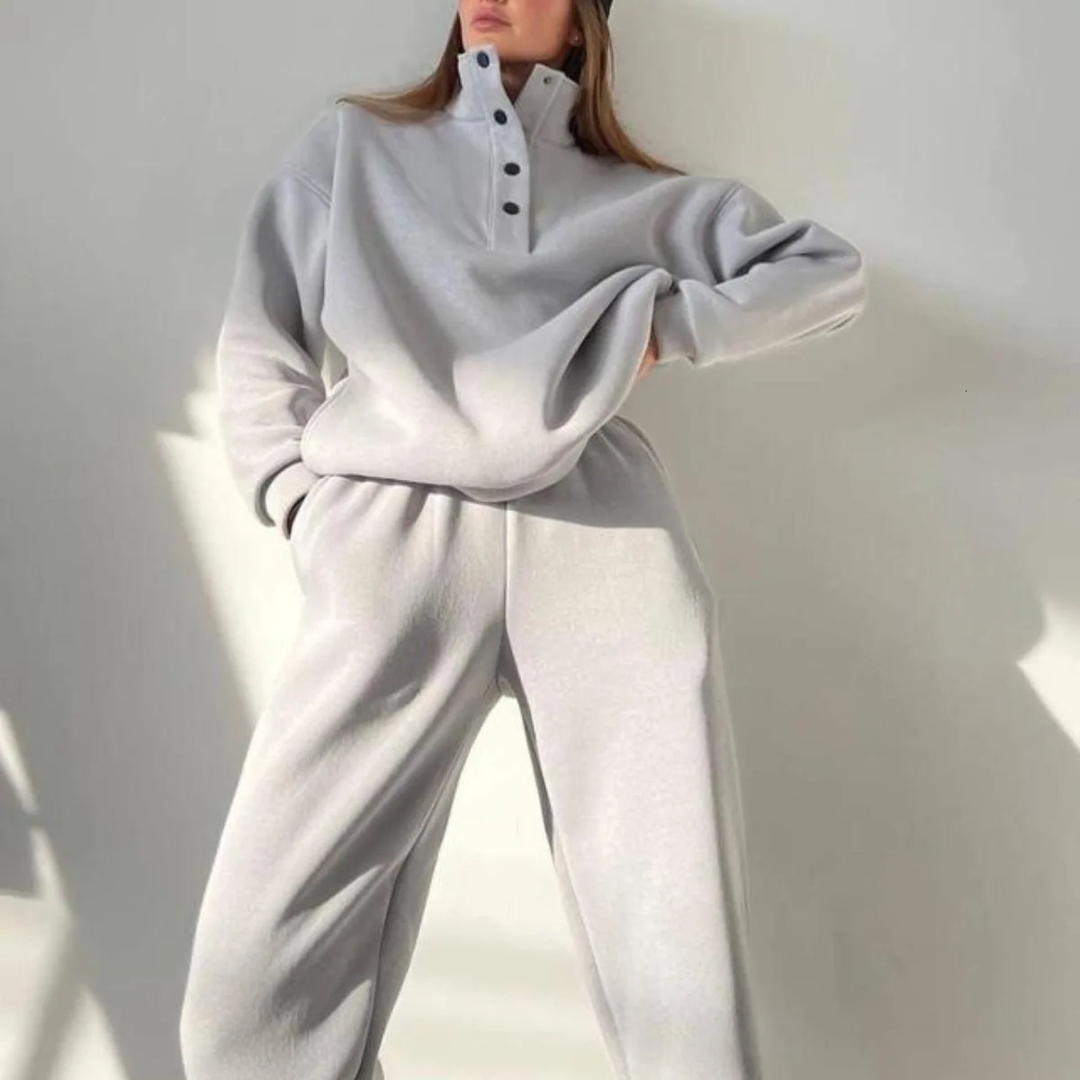 Womens Stand Collar Snap-fastener Tracksuit Autumn Winter Fashion Solid Pants Sets Casual Loose Long Sleeve Women Outfit 240807