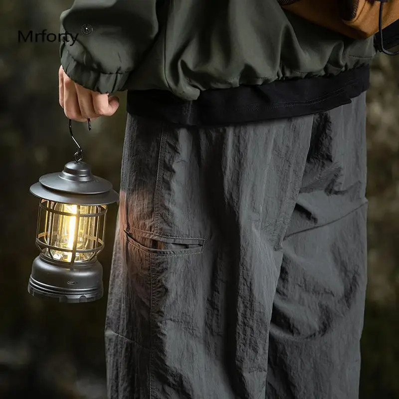 Spring Autumn Solid Color Fashion Elastic Waist Cargo Pants Man High Street Cotton Loose Pockets Patchwork Straight 240806