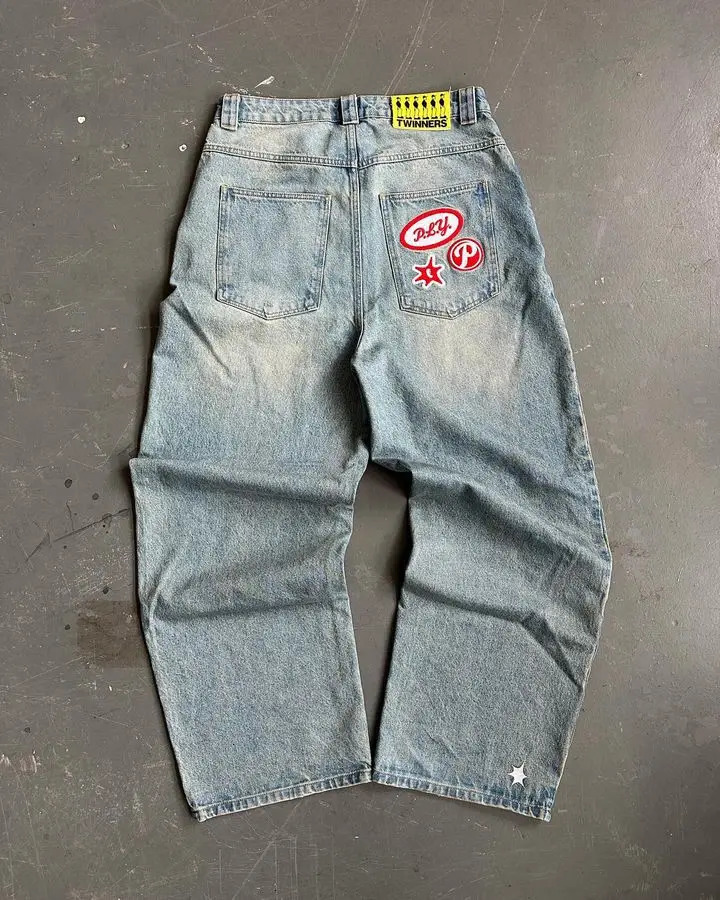 PROTECT Jeans Y2K Harajuku Hip Hop Graphic Oversized Retro Blue Baggy Jeans Mens Womens High Waist Wide Leg Trouser