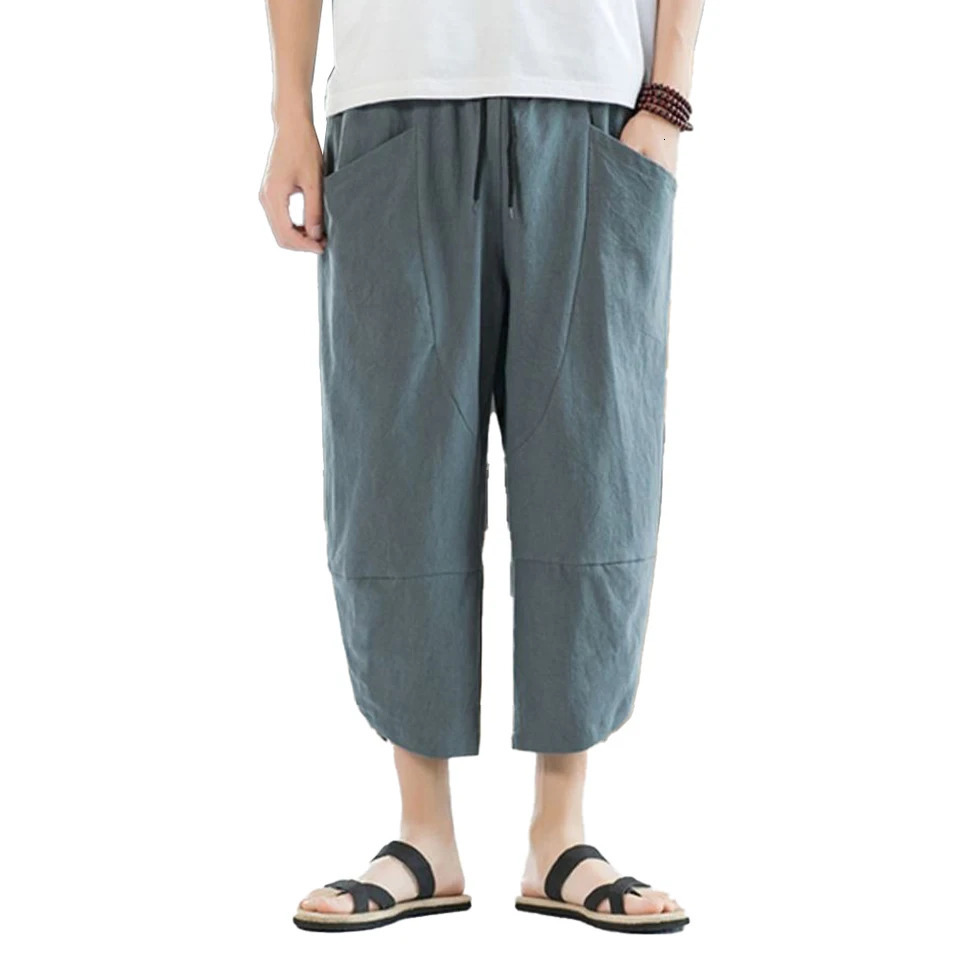 Men Cotton And Linen Pants Summer Thin Casual Beach Loose Shorts Harajuku Hip Hop Samurai Pant 240806