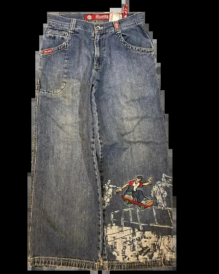 Streetwear JNCO Jeans Hip Hop Skateboard Graphic Embroidered Retro Blue Baggy Jeans Men Women Harajuku High Waist Wide Trousers 240807