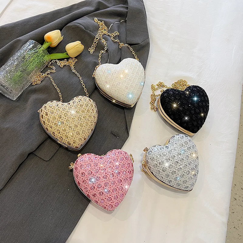 Shining Womens Heart shaped Clutch Wallet Golden Evening Minaudiere Bag Bridal Wedding Handbag Formal Party 240806Z