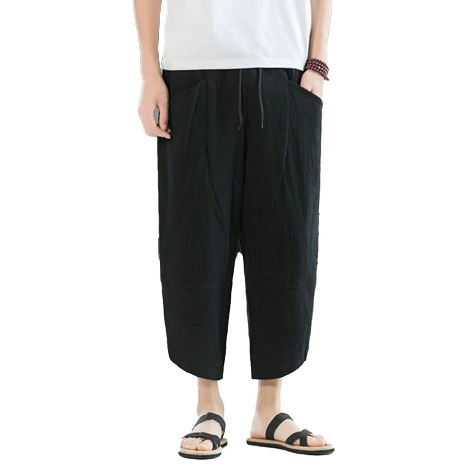 Men Cotton And Linen Pants Summer Thin Casual Beach Loose Shorts Harajuku Hip Hop Samurai Pant 240806