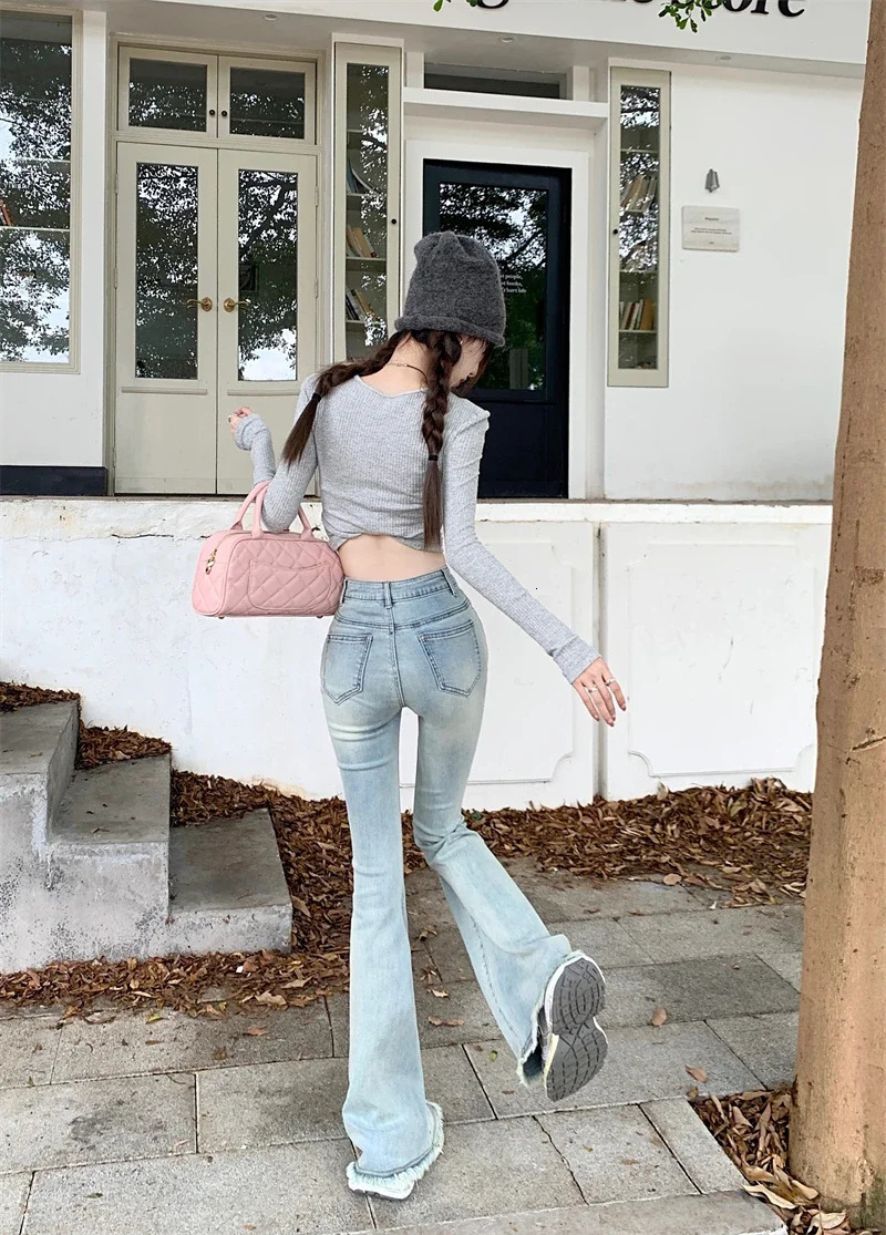 Womens Bootcut Flare Denin Jeans Raw HemStretch High Waisted Elegant Slim Curvy Strtchy Jean Bell Bottomkorean y2k clothing 240807