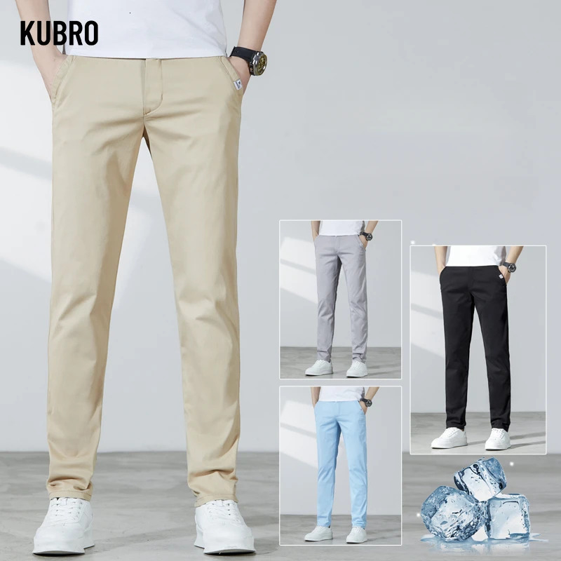KUBRO Summer Thin Soft Cotton Solid Washed Trousers Harajuku Fashion Mens Slim Small Straight Office Business Casual Pants 240806