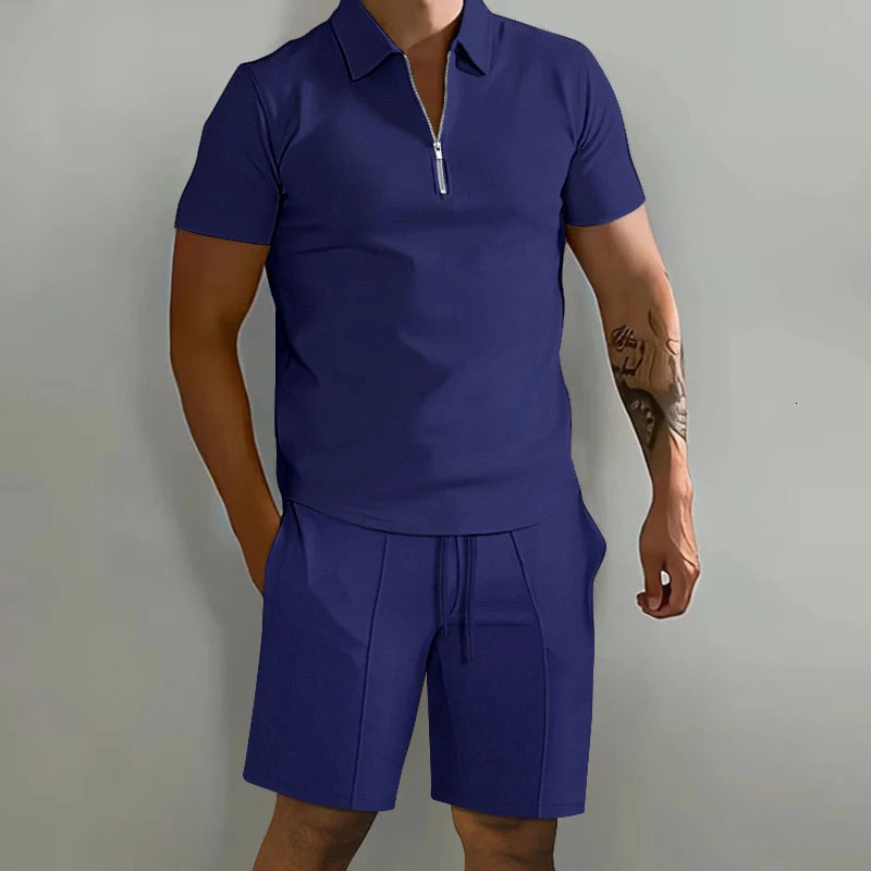 Summer Solid Color Mens Sets High Street POLO Collar Short Sleeve Zip Fastener Pullovers Elastic Waist Pockets Y2K Shorts 240806