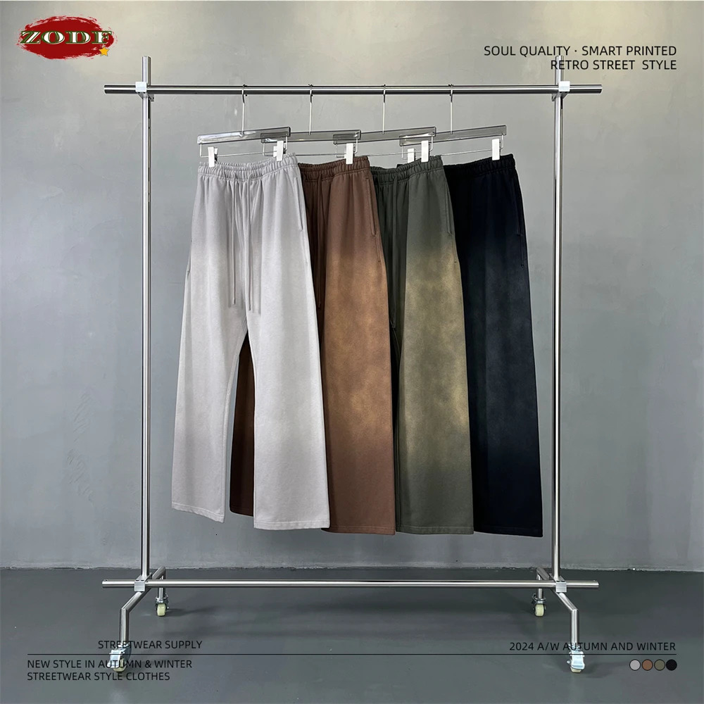 ZODF Retro Autumn Mens Washed Pants Unisex Heavy Weight 450gsm Sports Knitted Straight Trouser Clothes HY0916 240806