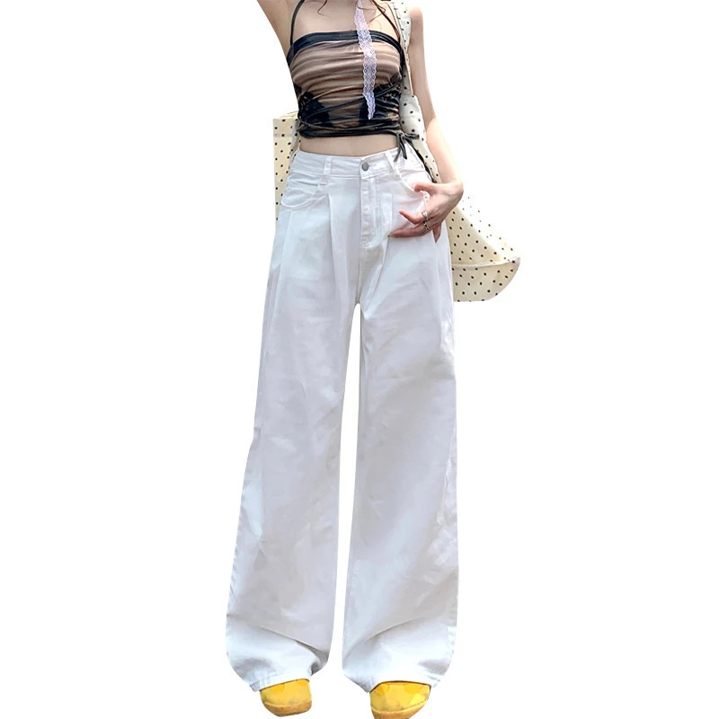 White Pleated High Waisted Straight Leg Denim Jeans For Women Loose A Drooping Feeling. Instagram Solid Fashion Denim Pants 240807