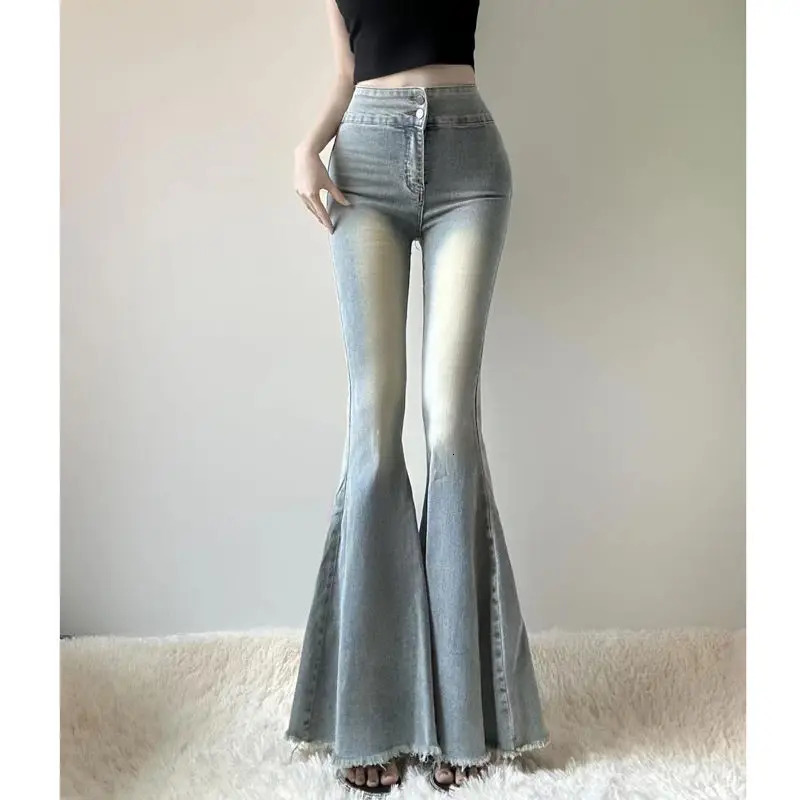 Girl High Waist Tassel Women Fishtail Floor Mopping Jeans Spring Summer Slimming Elasticity Fashion Casual Denim Flare Pants 240807