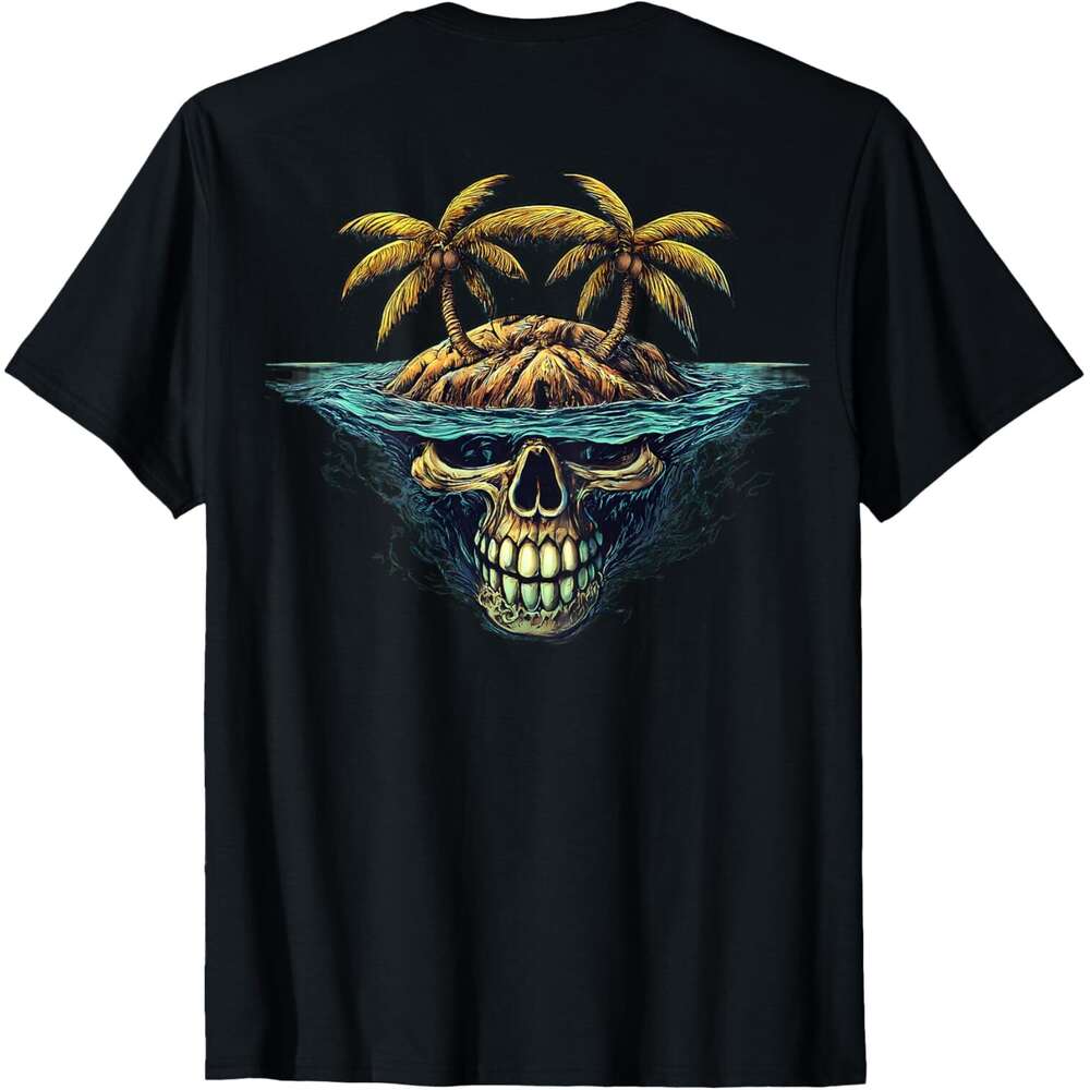 Mens T shirt On Back Cool Island Palm Trees Skull Beach Pirate Nautical T-Shirt shirts tshirt graphic tee Casual tops summer clothes Short sleeve Free
