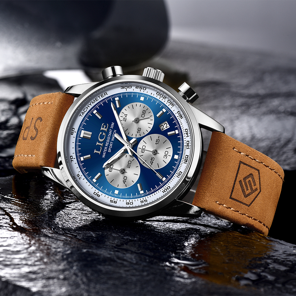 LIGE Luxury Mens Watches High Quality Waterproof Chronograph Luminous Man Wristwatch Leather Men Quartz Watch Casual