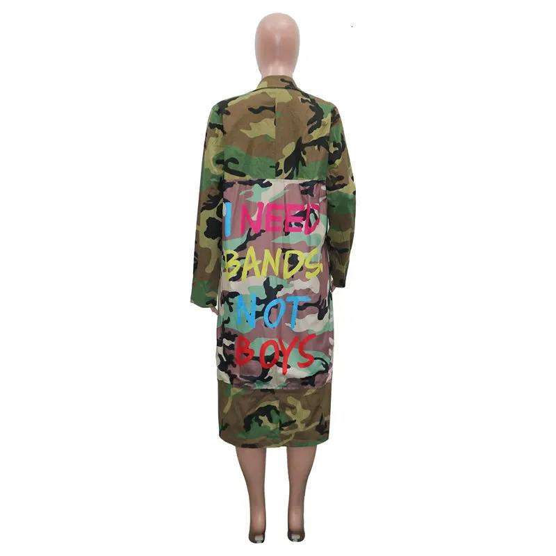 Camouflage Trench Jacket Women Plus Size Clothing Letter Print Coat Streetwear Long Style Crop Top Wholesale Drop 240807