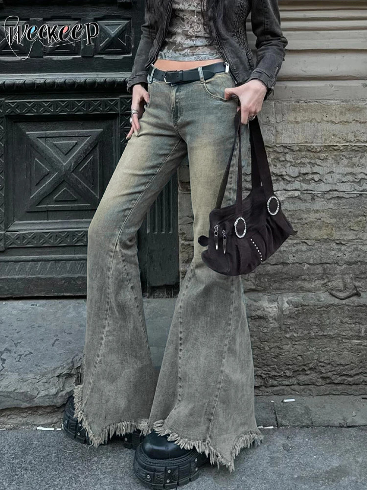 Weekeep Distressed y2k Jeans Vintage 2000s Low Rise Flared Pants Korean Fashion Denim Boot Cut Pants for Women Harajuku Trousers 240807