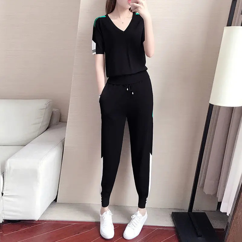 Sports Suit Womens Summer Style Fashion Loose Casual Short Sleeve Color Matching Leggings Two-piece Set Tracksuit 240807