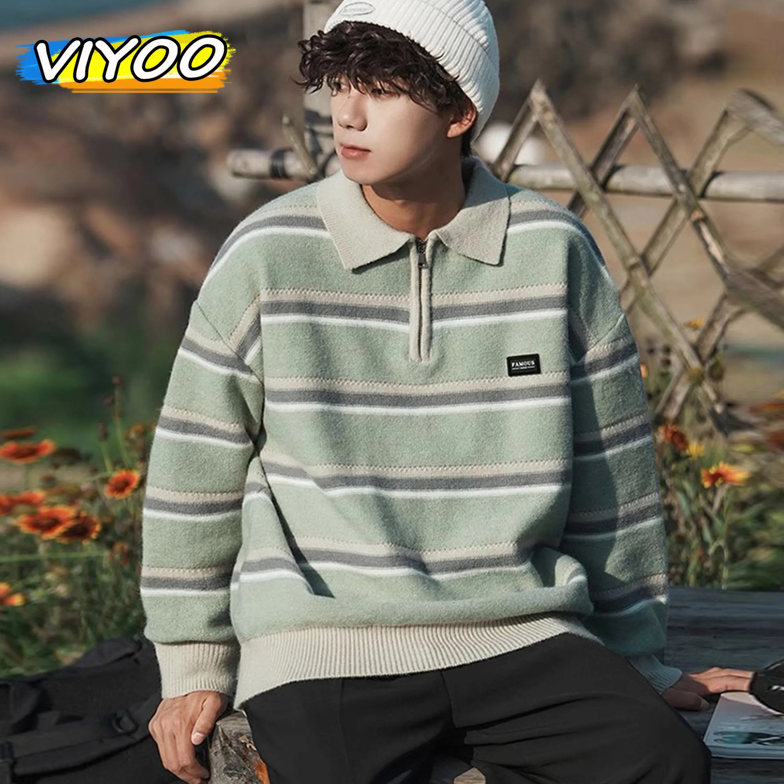 Japanese Mens Y2K Knitted Warm Polo Knitted Striped Turtle Neck Sweater Winter Street Clothing Knitted Korean Clothing Jumping Mens 240829