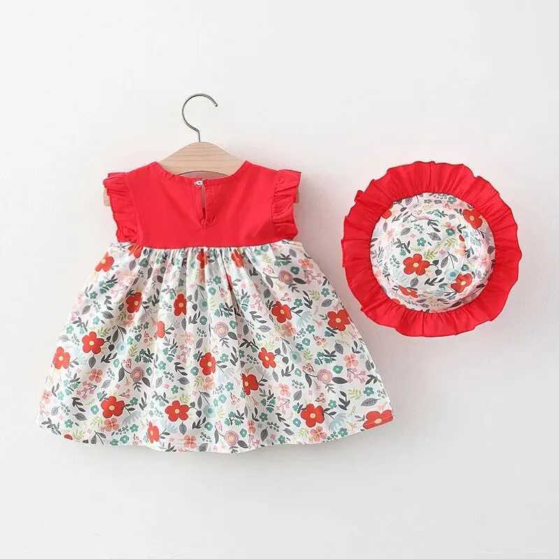 New summer girls floral dress girls sleeveless pure cotton newborn birthday dress with sun hatW240720