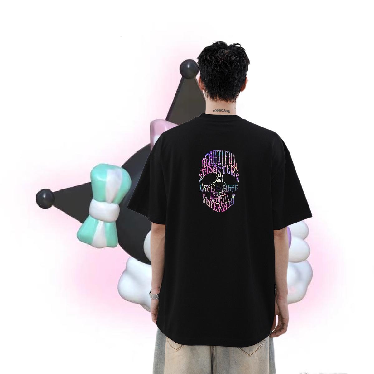 Free Shipping Mens T Shirts skull Polos 230g Cotton Street High Quality Black Oversized Breathable Crew Neck Men Tops Tees
