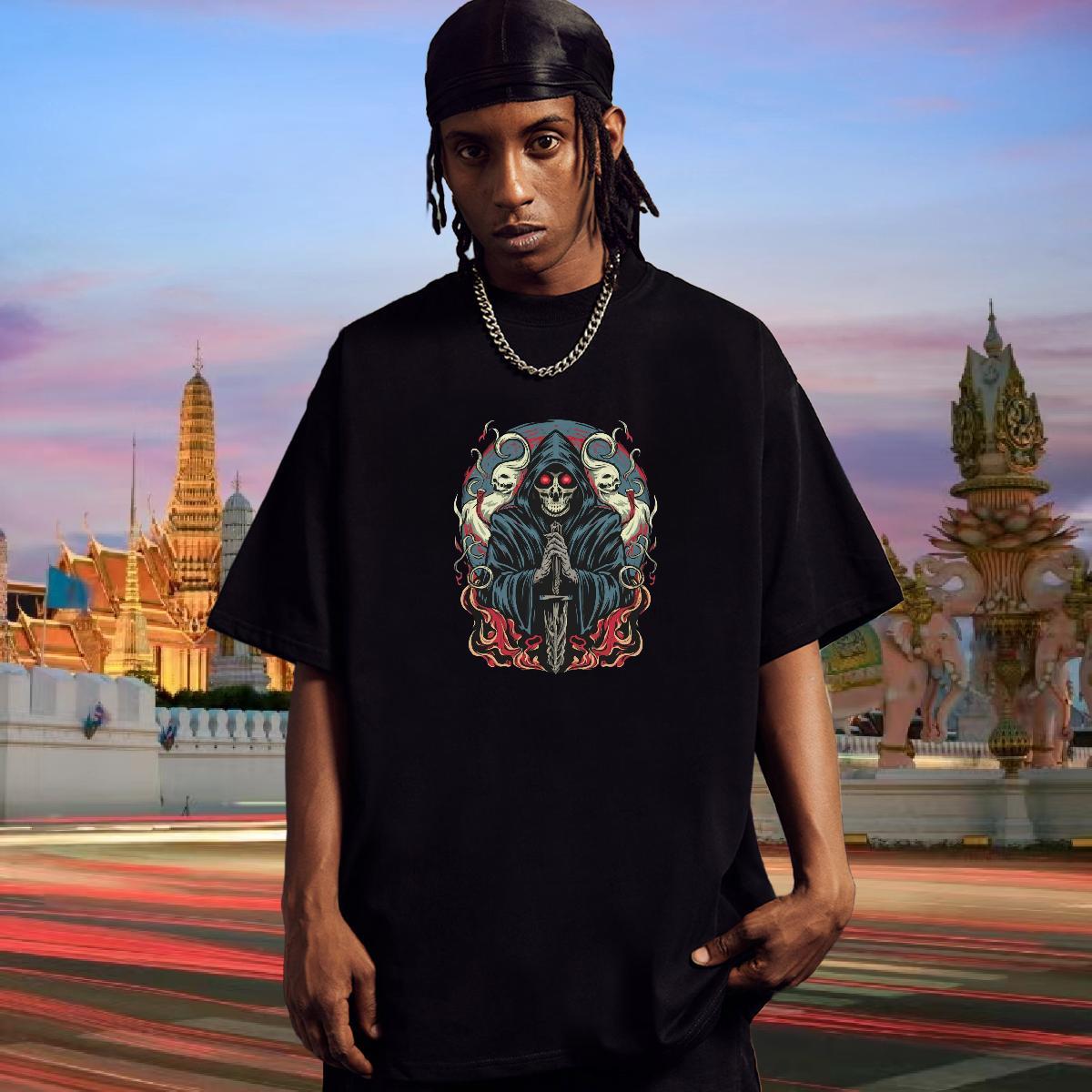 2024 Summer T-Shirts for Men skull Tops Tees 100% Cotton 230g Sports Casual TOP Quality Skull Breathable Short Sleeve Men Tees