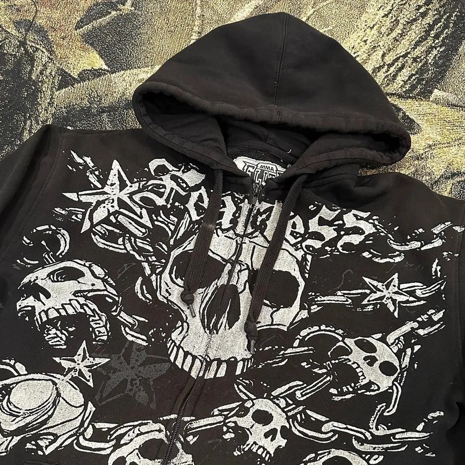 Y2k Pullover Hoodie Long Sleeved Oversize Vintage 90s Dark Skull Print Top Streetwear High Street Punk Clothing Top Sweatshirt 240807