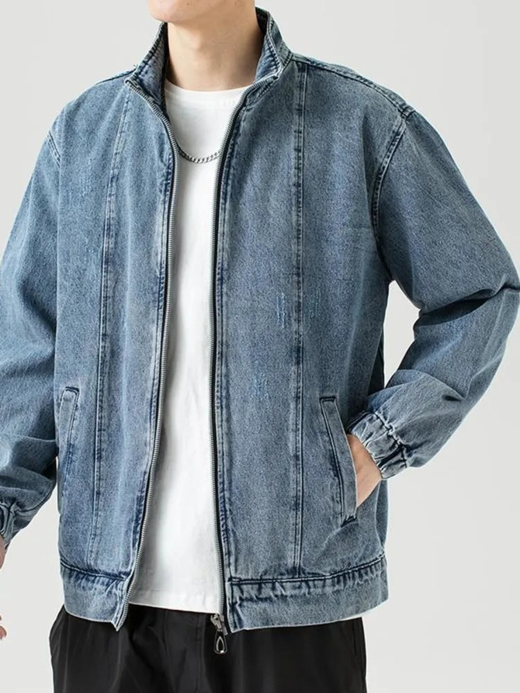 Stand up collar denim jacket mens casual autumn zipper closed loose pocket blue retro fashion clothing 240806