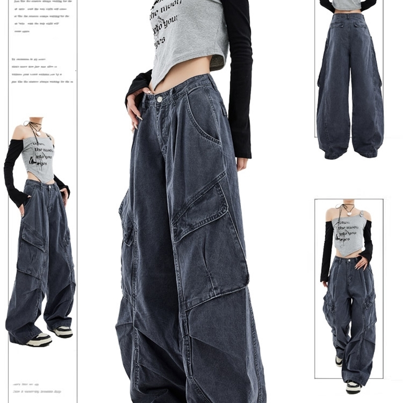Womens Grey Y2k Cargo Jeans Harajuku Japanese 2000s Style 90s Aesthetic Denim Trousers Jean Pants Vintage Trashy Clothes 240806