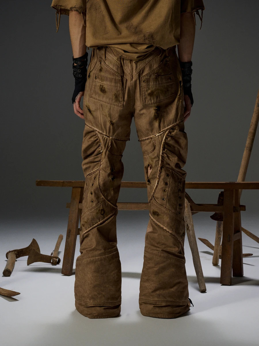 Style Men Washed Distressed Cargo Pants Dirty Dyeing High Waisted Straight Trousers 240806