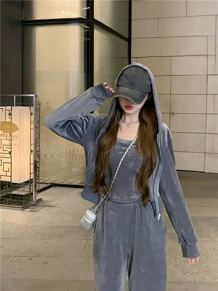 Fashion Velvet Hooded Sweater Tank Top Sports Pants Three Piece Set Women Korean Soft Casual Solid Loose Gray Sweatershirt Suit 240807
