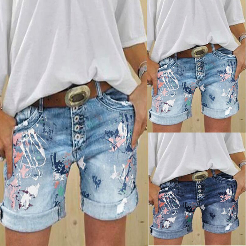 Summer new shorts, washed printed denim jeans, women's clothing