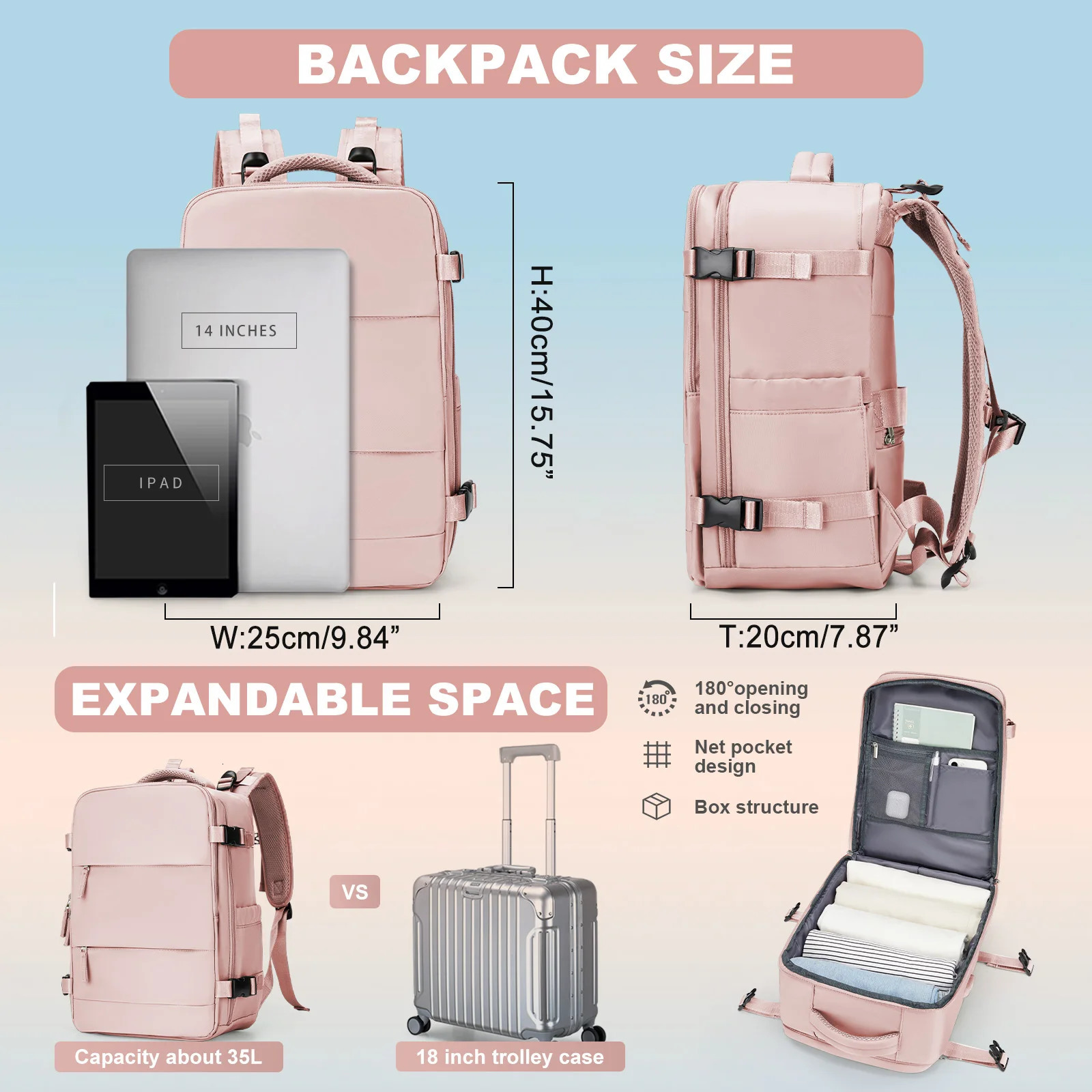 Backpack travel cabin airplane 40x20x25 womens backpack waterproof laptop mens 240807