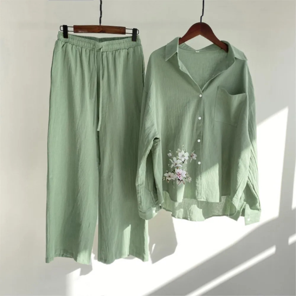 Fashion Cotton Linen Printed Long-sleeved Shirt Womens Suit Spring Autumn Casual Loose Wide-leg Pants Elegant Female 2piece Set 240807