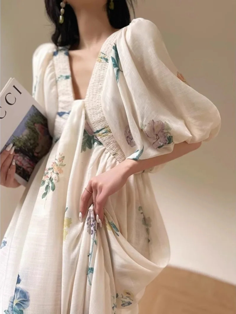 Elegant Print Loose Summer Maxi Dress Women Puff Sleeve Casual V Neck A Line Long Vestidos Female Holiday Lace Up Clothing G575 240807