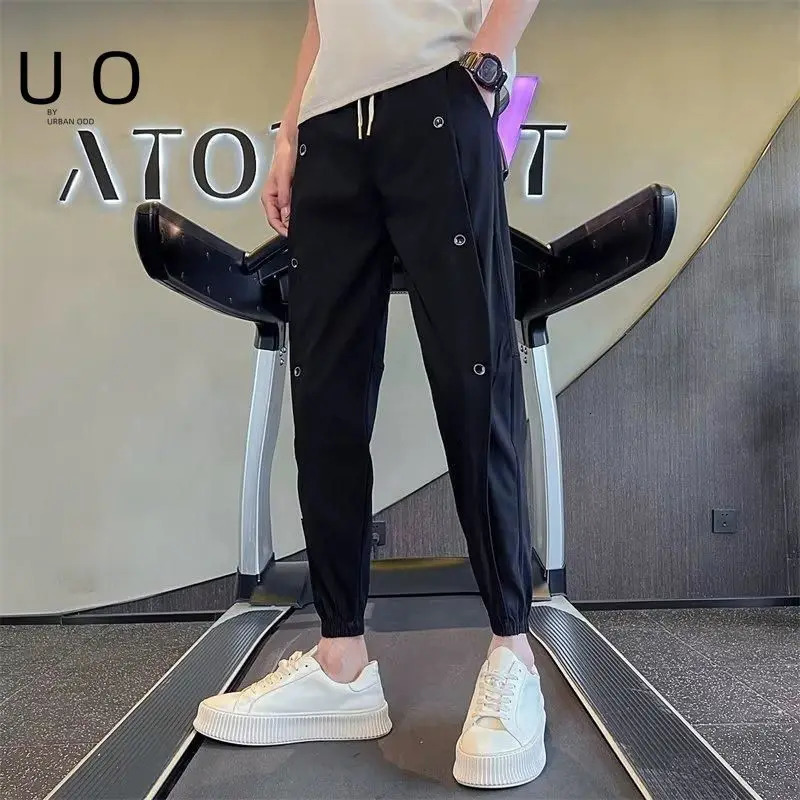 Casual Summer Thin Button Decoration Mens Cargo Pants Pocket Waist Drawstring Harlun Slim Korean Allmatch Male Trousers 240806