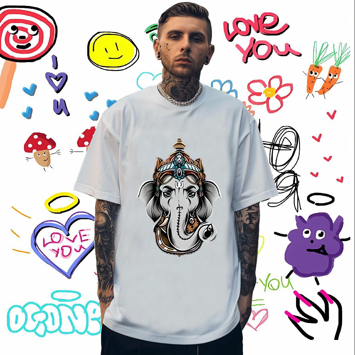 Wholesale Mens T Shirts Ganesha Tops Shirt 230g Pure Cotton Hip Hop TOP Quality Asian Size Short Sleeve O-Neck Couples T Shirts
