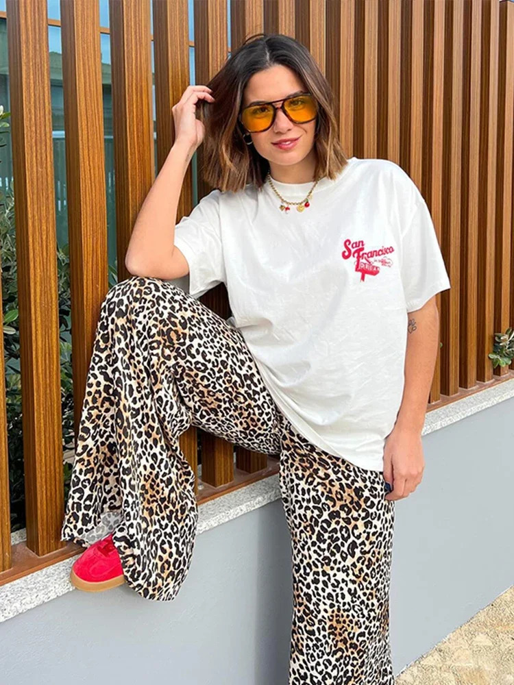 Vintage Leopard Print Pants Women Casual Loose Lace Up Wide Leg Trousers Female Summer Fashion All-match Lady Streetwear 240807
