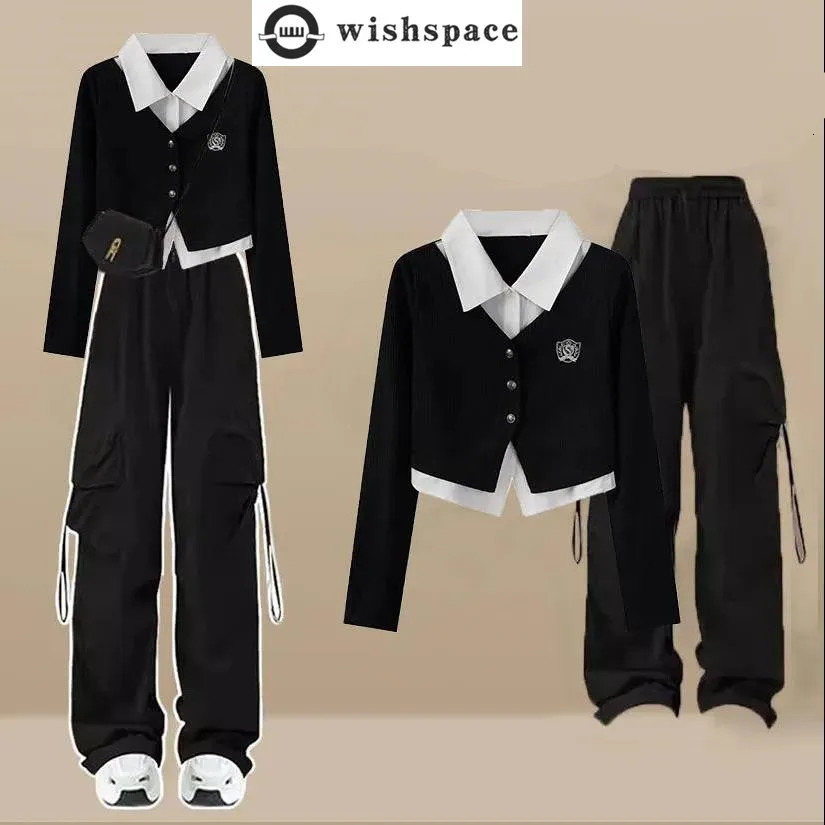 Patchwork Chiffon Shirt Casual Work Pants Two-piece Set Fashionable Female Student Pants Set Sports Suit Tracksuit 240807