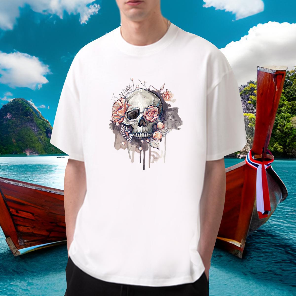 Free Shipping T shirt skull Top Tees 230g 100% Cotton Beach Loose Fit DIY Printed Round Neck Short Sleeve Mens Tshirts