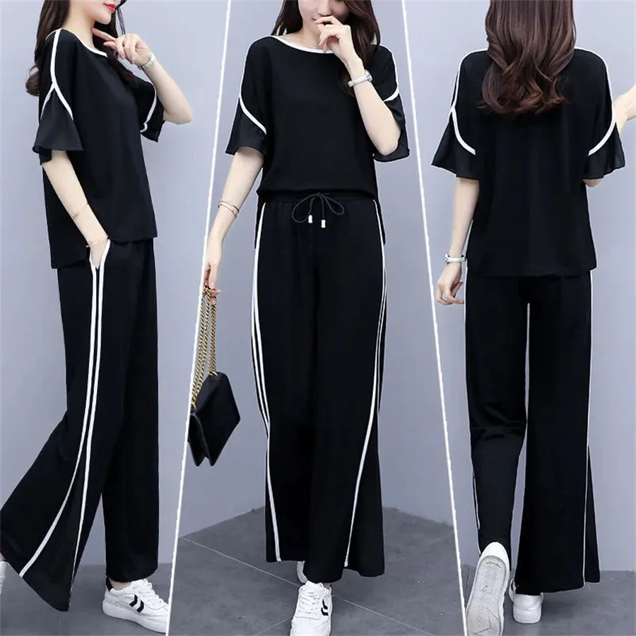 Short Sleeved Wide Leg Trousers Two Piece Set Fashion Loose Casual Sports Suit Women 240807