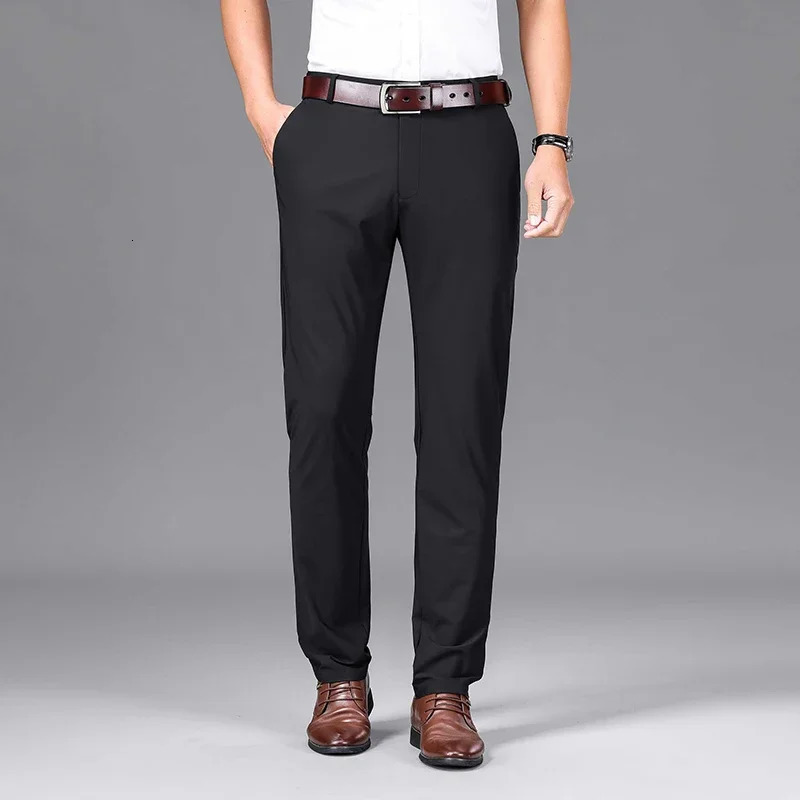 Summer Casual Mens Ultrathin Elastic Formal Office Straight Trousers Male Ice Silk High Stretch Business Suit Pants Plus Size 240806