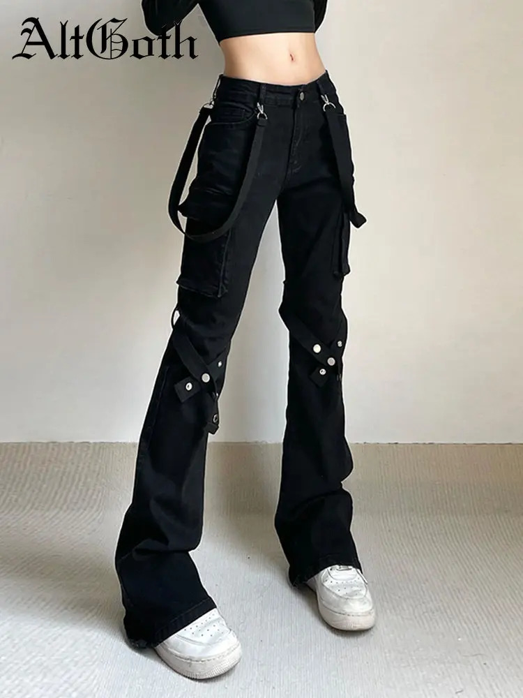 AltGoth Harajuku Streetwear Emo Alt Straight Pants Women Y2k E-girl Dark Academia Gothic Metal Buckle Leg Ring Trousers Female 240807