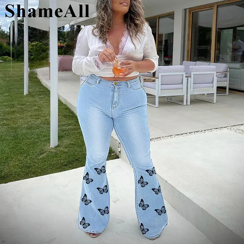 Plus Size Butter Fly Print Indie Aesthetic Flare Jeans 5XL Vintage Y2K Stretchy Skinny Melody Denim Pants Wide Leg Bell Bottoms 240807