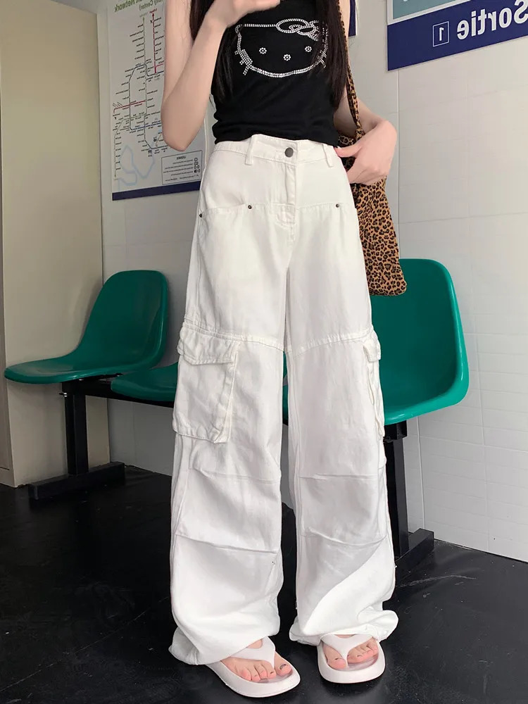 Cyber Y2K Fashion White Pleated Baggy Jeans Cargo Pants Women Clothes Multi Pockets Straight Wide Leg Lady Trousers 240807