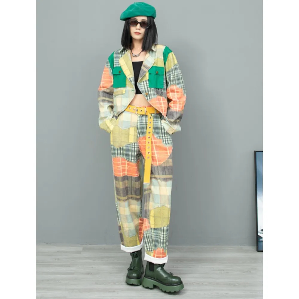 Sweet Cool Contrasting Printed Denim Long Sleeved Suit Collar Jacket Harem Pant Two Piece Set Women Autumn LX1852 240807