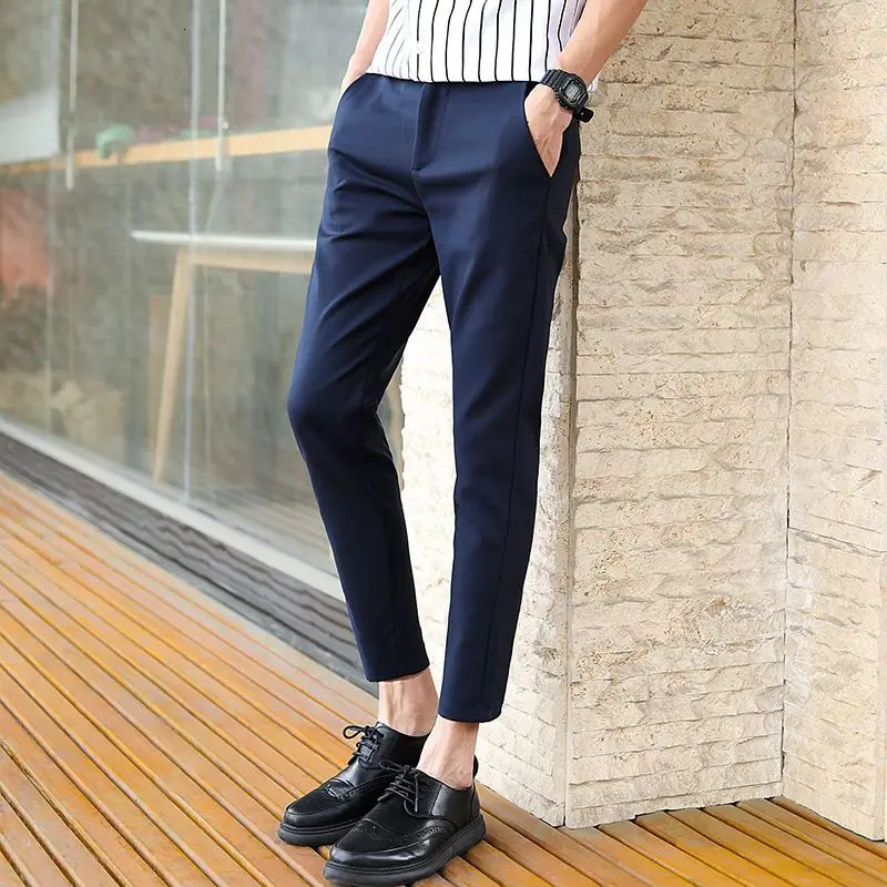 Summer Business Suit Pants Men Thin Formal Slim Fit Classic Office Ankle Length Straight Casual Trousers Clothing H85 240806