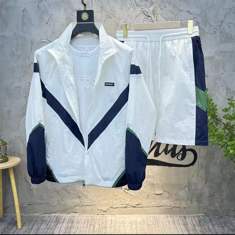 Summer Patchwork Stripe Sunscreen Sets Men Women Retro Varsity JacketSports Shorts Two Piece Set Streetwear Fashion Suits 240806