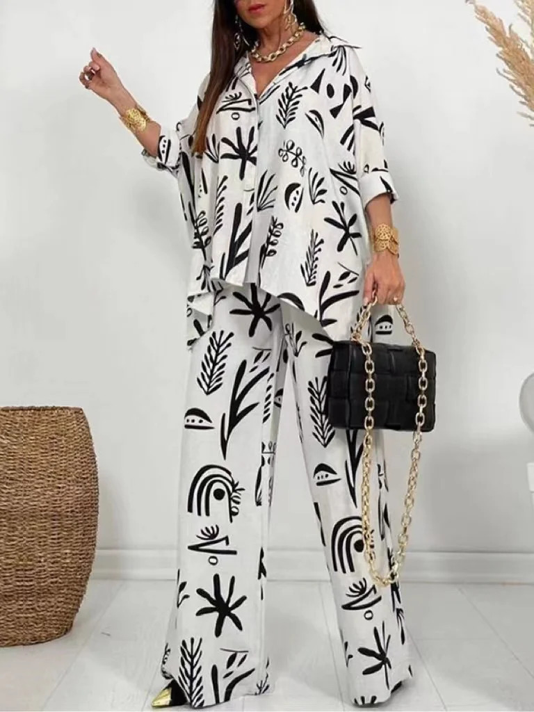 Autumn Wide Leg Pants Two Piece Sets Outfits Womens Spring Long Sleeve Button Down Shirt Suit Casual 2pcs Set For Female 240807