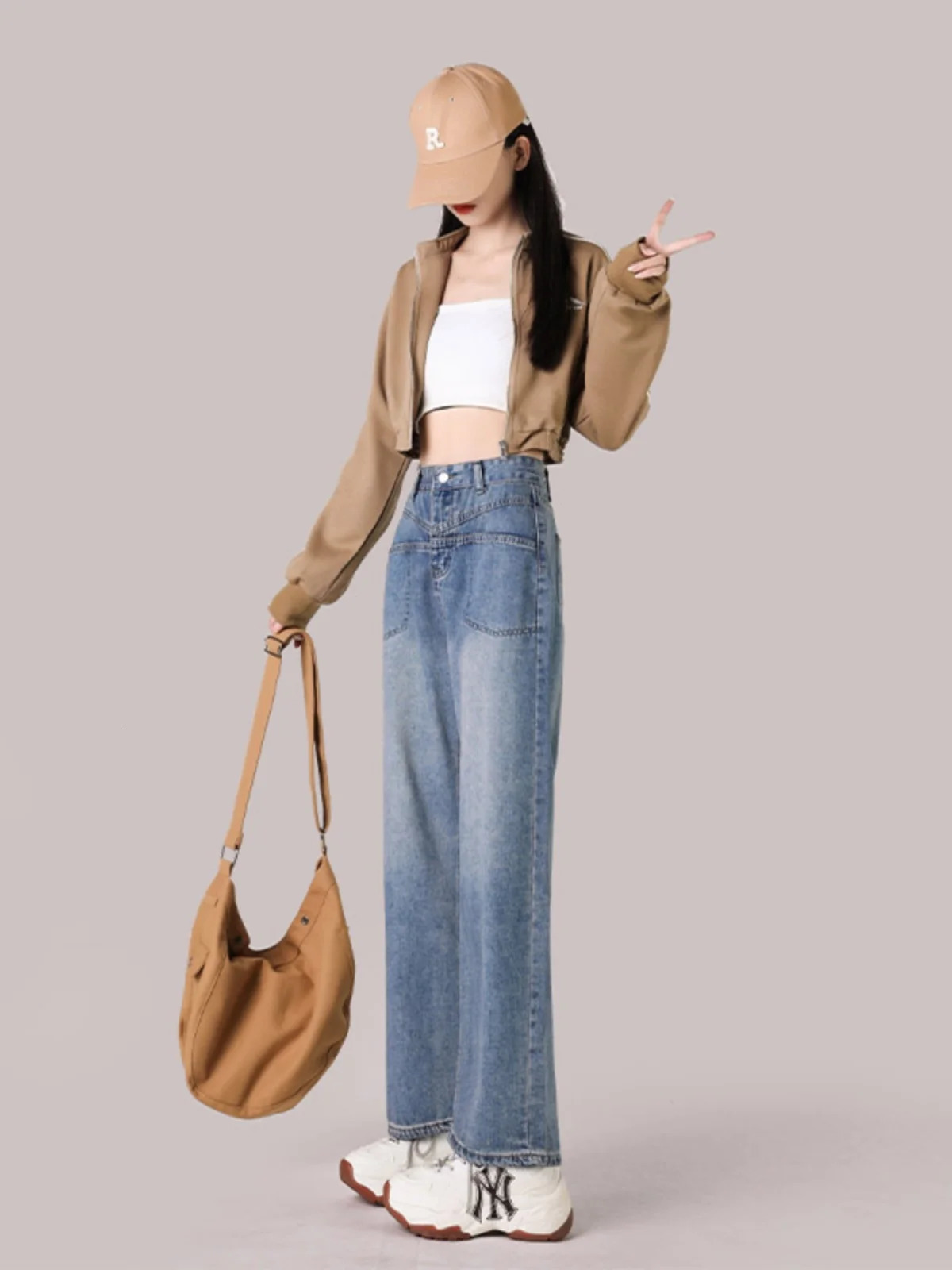 150CM Petite girls vintage blue Wide Leg pants comfortable Y2K Skinny Ankle length straight jeans 240807