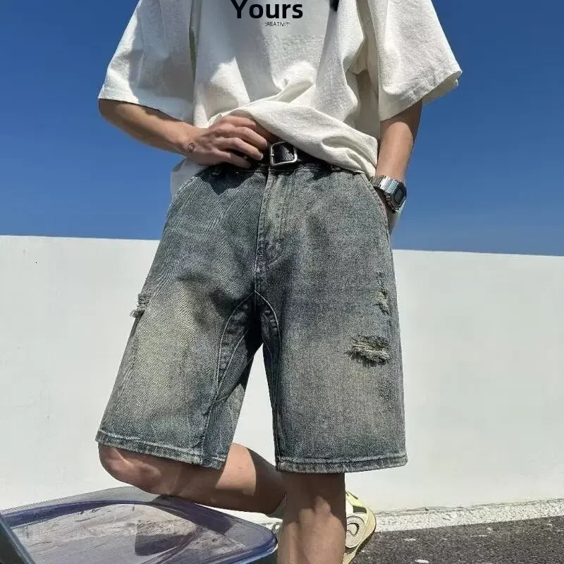 Vintage Ripped Denim Shorts Unisex Loose Fit Wide Leg Casual Style Lightweight Summerwear For Men Women 240807
